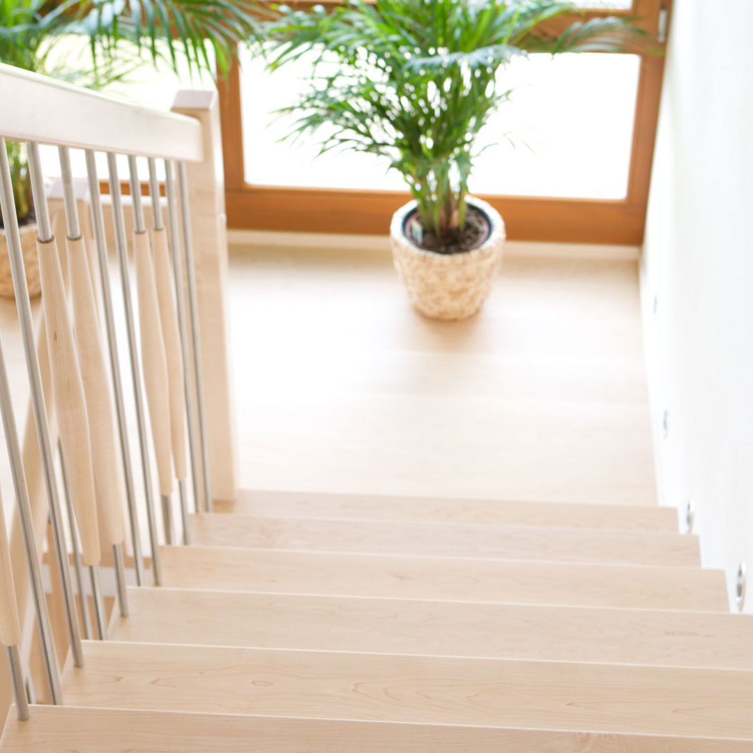 Treppe in Ahorn mit Geländerstäben aus Edelstahl gebürstet