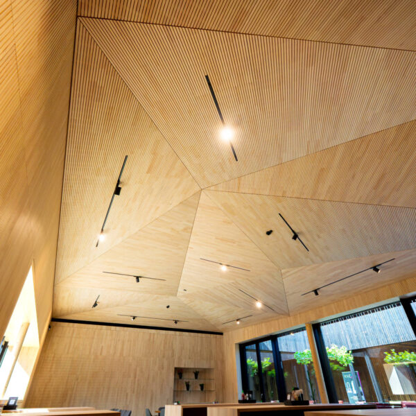 Detailaufnahme der geometrischen Holzdecke eines modernen Gastraums mit eleganter Lichtführung.