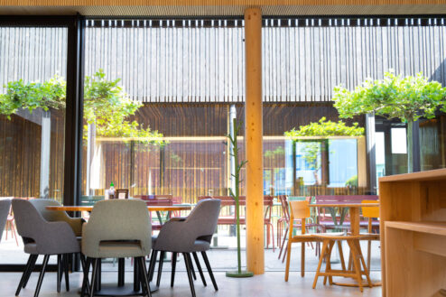 Innenansicht eines lichtdurchfluteten Gastraums mit direktem Blick auf eine bepflanzte Terrasse mit bunten Stühlen und Tischen.